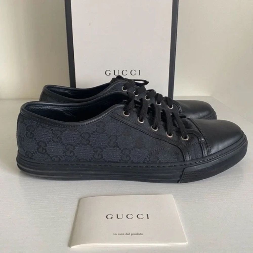Gucci GG Canvas And Leather Low Top Lace Up Sneakers ‘Grey Black’ Size 10